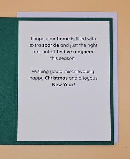 Handmade Christmas Card, Funny Cat Holiday Greeting with Playful Message inside, Warning May Contain Mischief