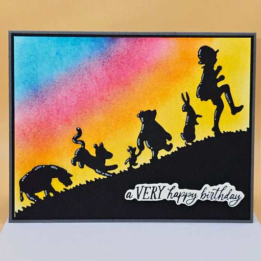 Handmade Winnie the Pooh Birthday Card, Sunset Silhouette Design, Tigger Piglet Eeyore & Friends, Celebration Card for Fans & Kids at Heart