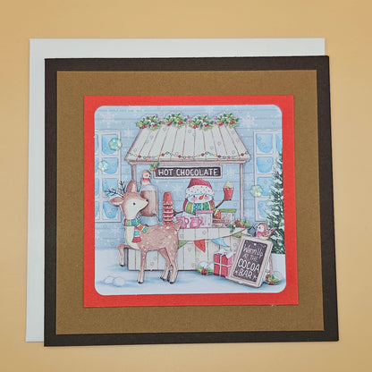 Handmade Christmas Card, Hot Chocolate Cocoa Bar Decoupage Greeting Card, Winter Deer Scene, Festive Keepsake