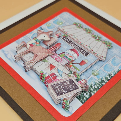 Handmade Christmas Card, Hot Chocolate Cocoa Bar Decoupage Greeting Card, Winter Deer Scene, Festive Keepsake