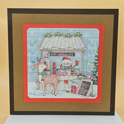 Handmade Christmas Card, Hot Chocolate Cocoa Bar Decoupage Greeting Card, Winter Deer Scene, Festive Keepsake