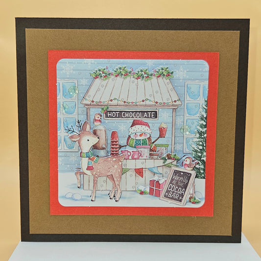 Handmade Christmas Card, Hot Chocolate Cocoa Bar Decoupage Greeting Card, Winter Deer Scene, Festive Keepsake