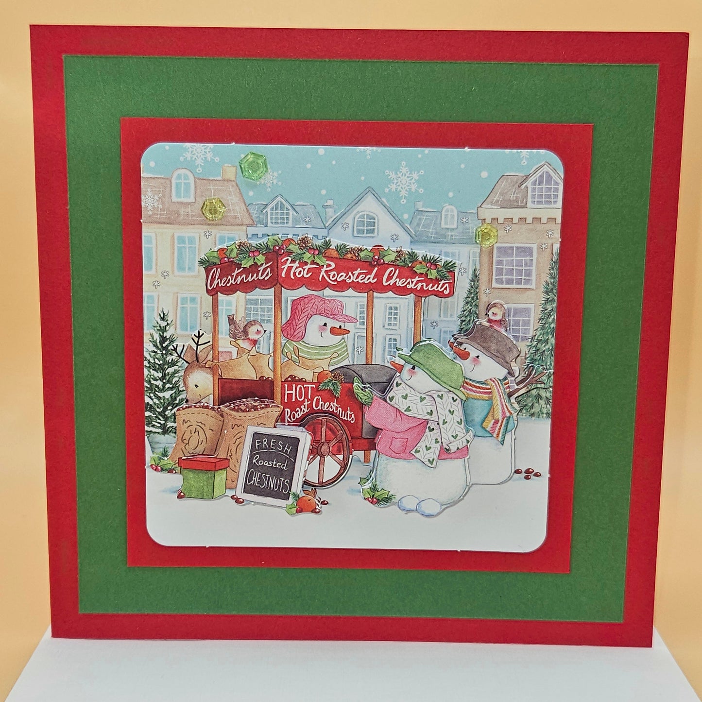 Handmade Christmas Card, Hot Roasted Chestnuts Decoupage Holiday Greeting Card, Christmas Market Scene, Winter Keepsake