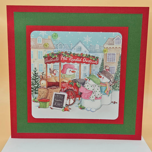 Handmade Christmas Card, Hot Roasted Chestnuts Decoupage Holiday Greeting Card, Christmas Market Scene, Winter Keepsake