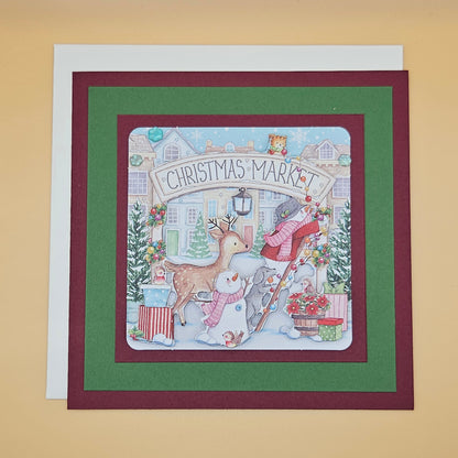 Handmade Christmas Market Decoupage Card, Holiday Greeting Card, Classic Village Scene, Winter Keepsake