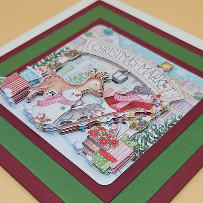 Handmade Christmas Market Decoupage Card, Holiday Greeting Card, Classic Village Scene, Winter Keepsake