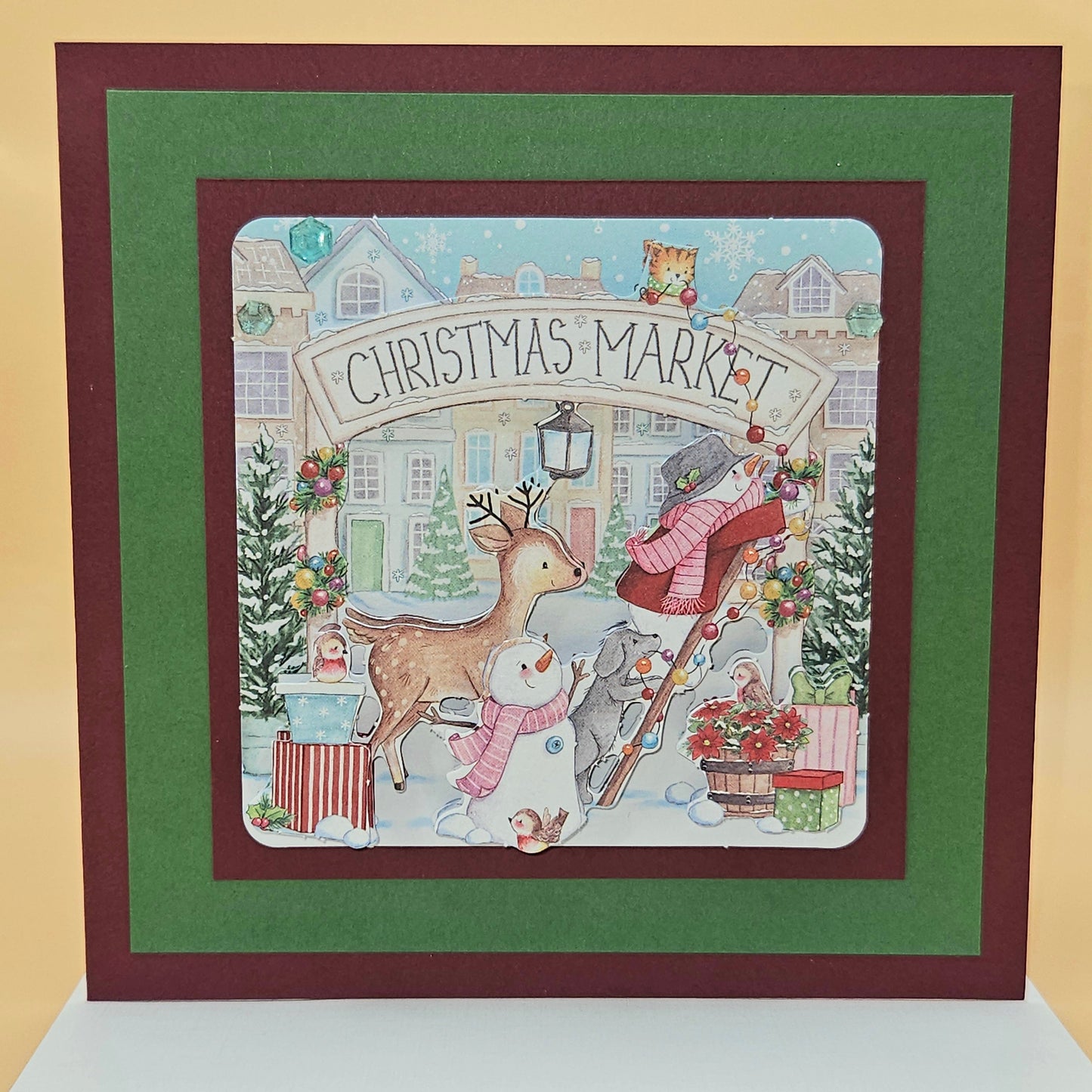Handmade Christmas Market Decoupage Card, Holiday Greeting Card, Classic Village Scene, Winter Keepsake
