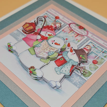 Handmade Christmas Card, Snowmen Caroling Decoupage Greeting Card, Music Shop Scene, Winter Keepsake