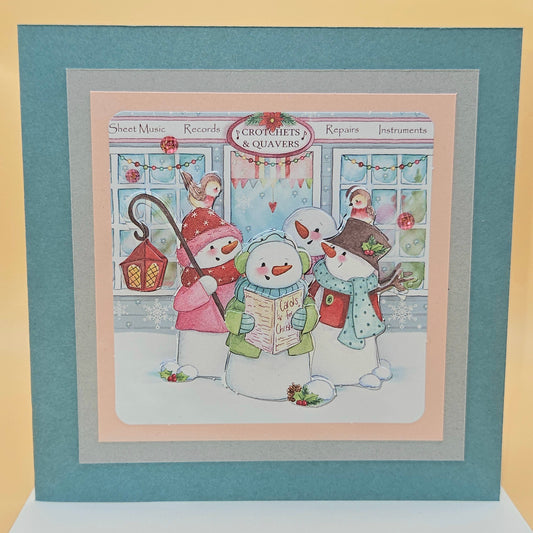 Handmade Christmas Card, Snowmen Caroling Decoupage Greeting Card, Music Shop Scene, Winter Keepsake