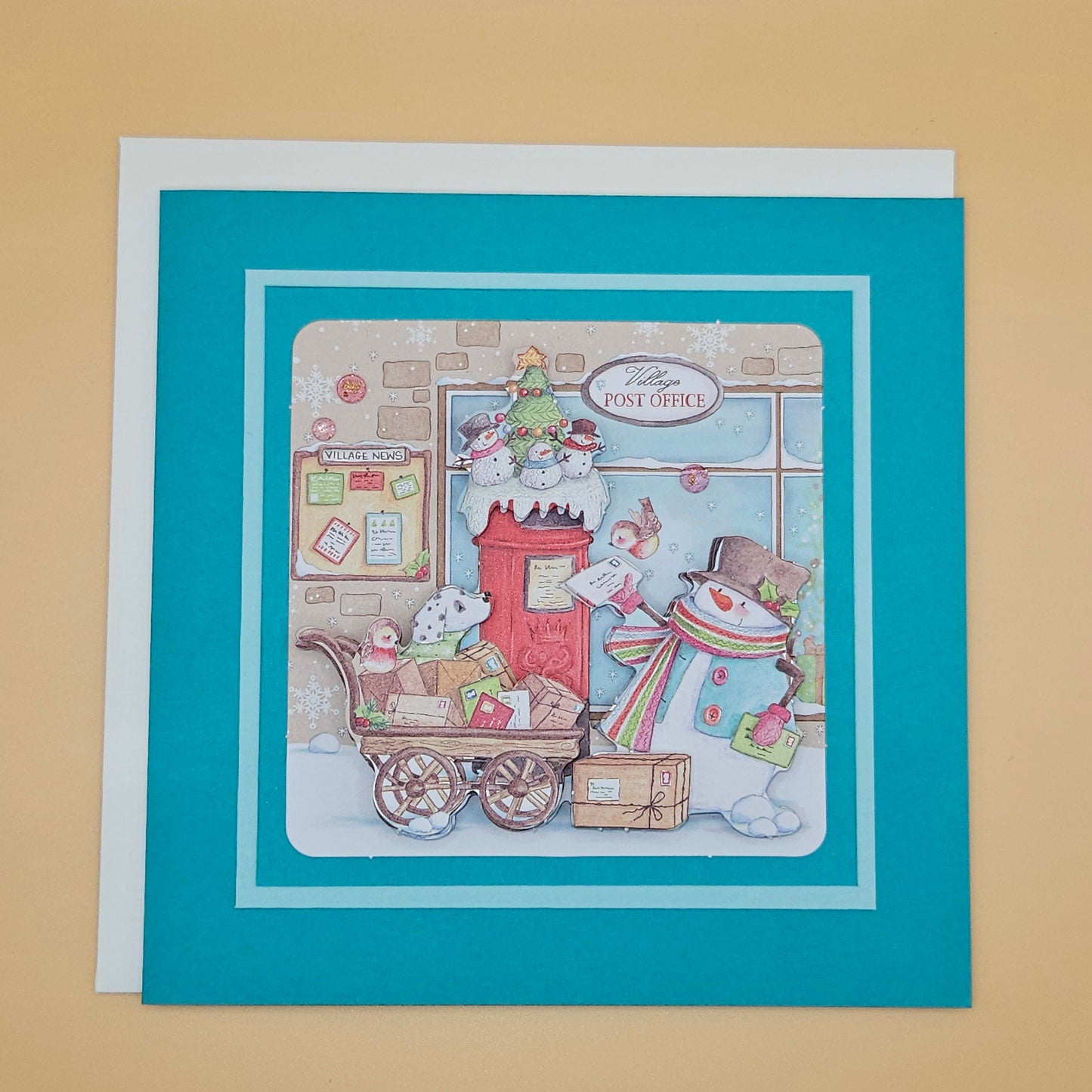 Handmade Christmas Decoupage Card, Snowman Village Post Office Holiday Greeting Card, Classic Vintage Style