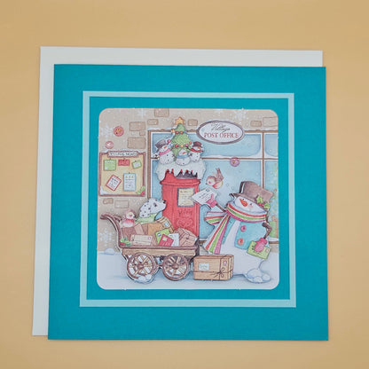 Handmade Christmas Decoupage Card, Snowman Village Post Office Holiday Greeting Card, Classic Vintage Style