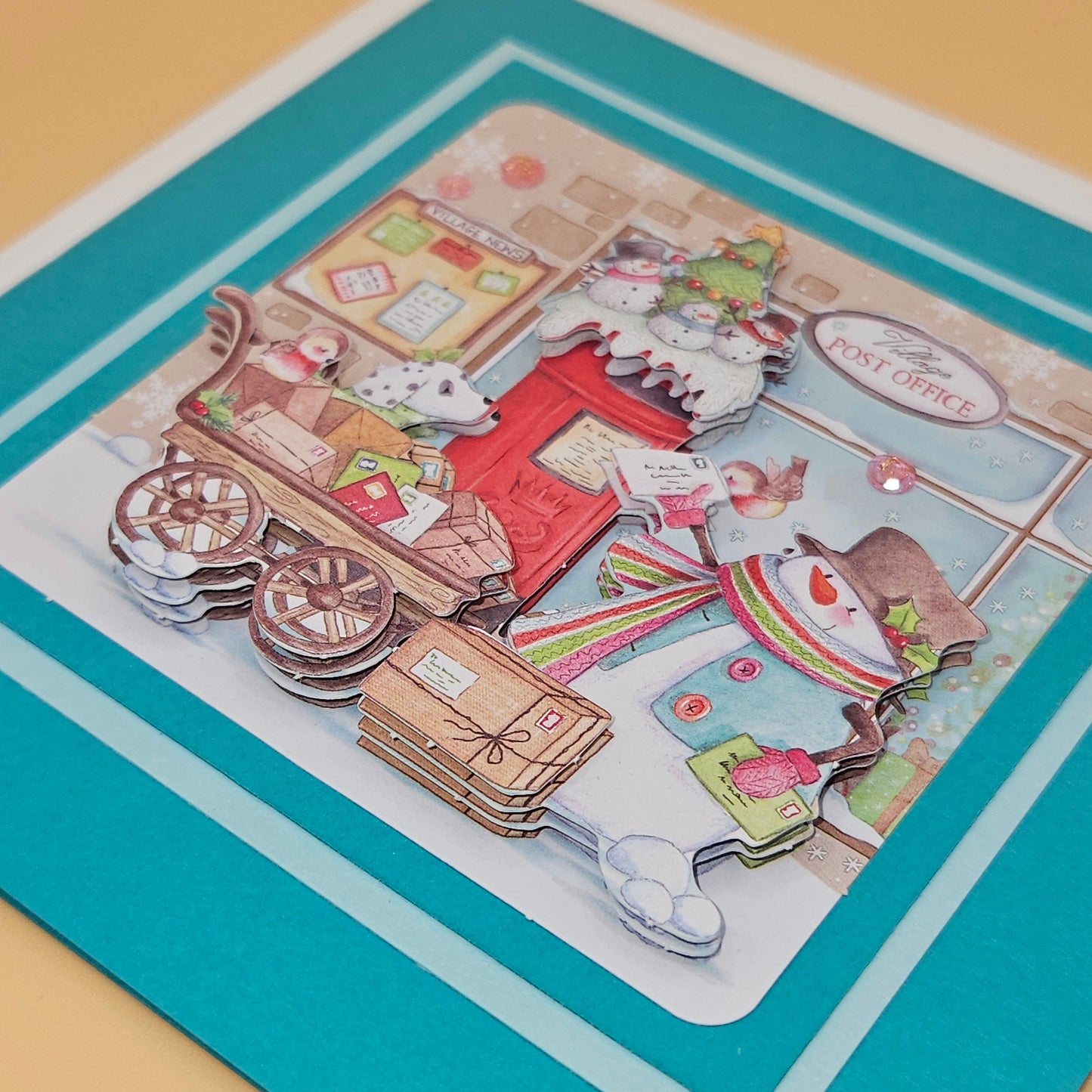 Handmade Christmas Decoupage Card, Snowman Village Post Office Holiday Greeting Card, Classic Vintage Style