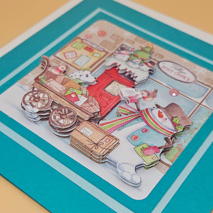 Handmade Christmas Decoupage Card, Snowman Village Post Office Holiday Greeting Card, Classic Vintage Style