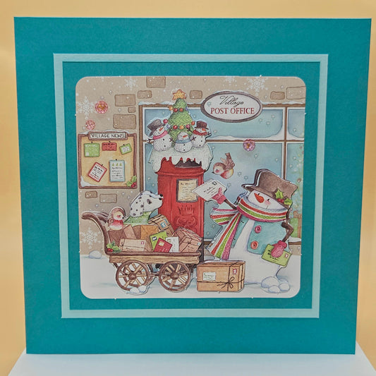 Handmade Christmas Decoupage Card, Snowman Village Post Office Holiday Greeting Card, Classic Vintage Style
