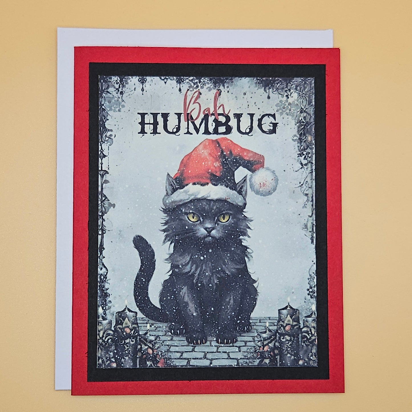 Handmade Gothic Christmas Card, Spooky Black Cat Dark Humor Holiday Greeting, Creepmas Gift, "Bah Humbug"