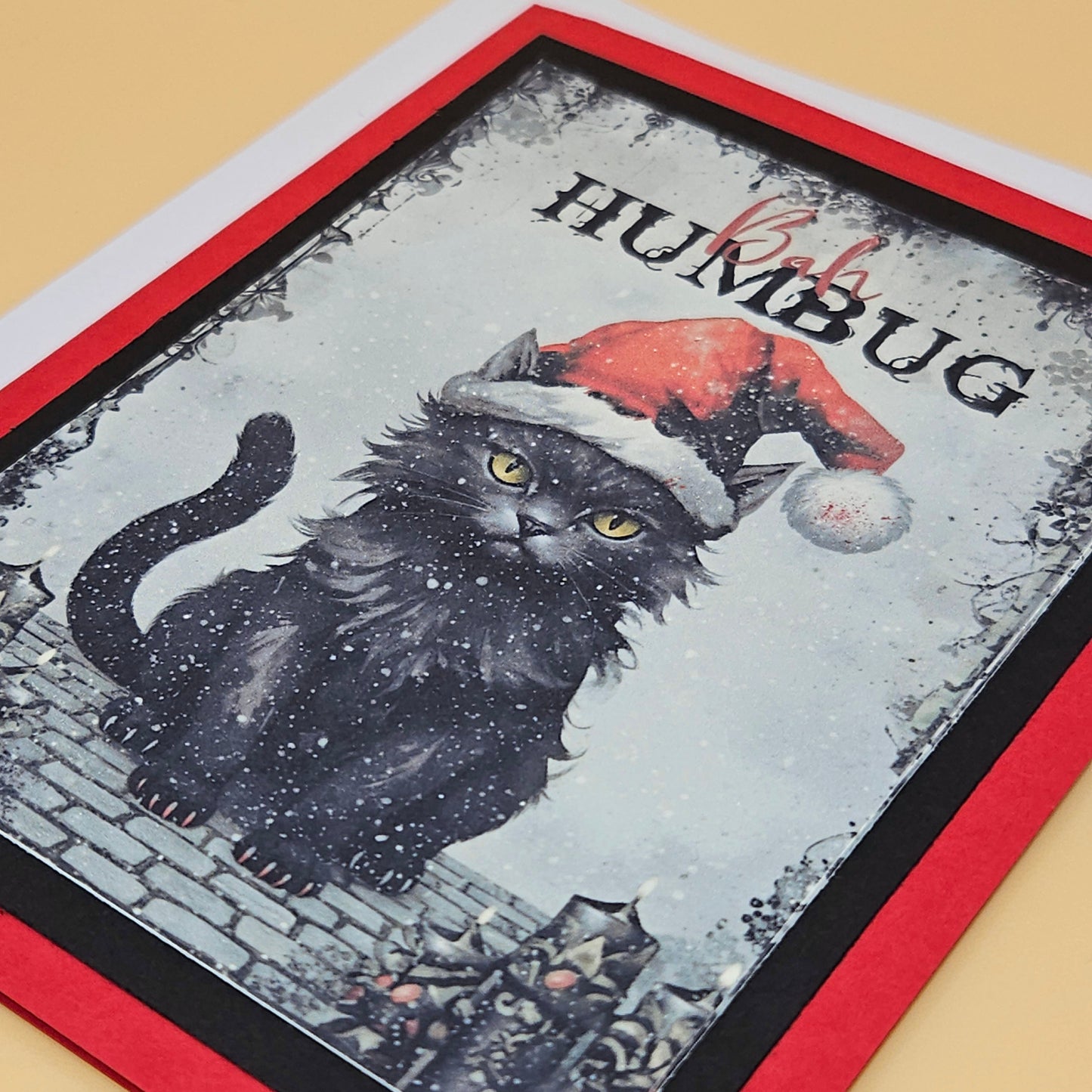 Handmade Gothic Christmas Card, Spooky Black Cat Dark Humor Holiday Greeting, Creepmas Gift, "Bah Humbug"