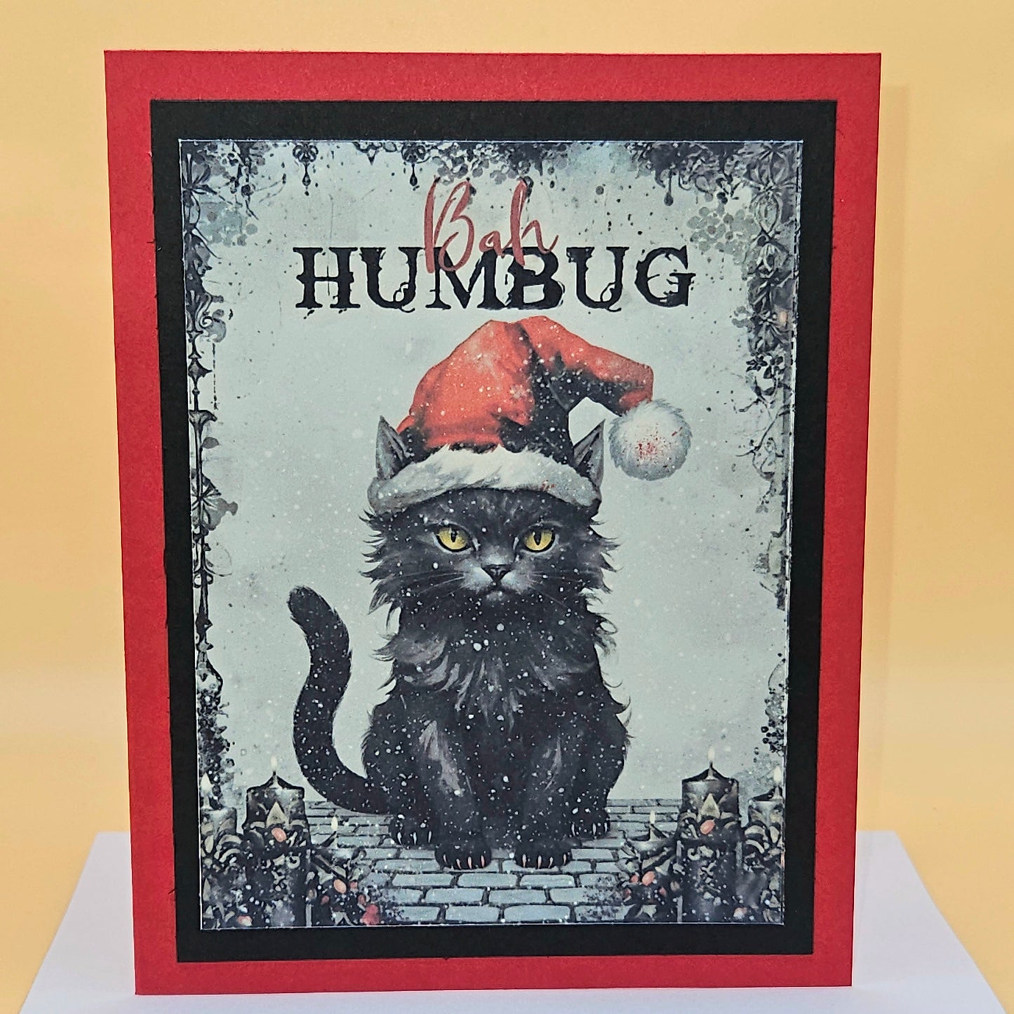 Handmade Gothic Christmas Card, Spooky Black Cat Dark Humor Holiday Greeting, Creepmas Gift, "Bah Humbug"