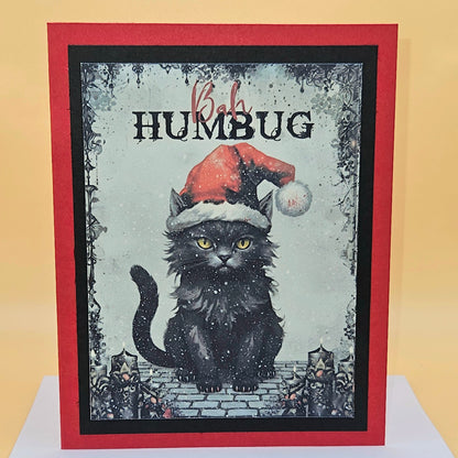 Handmade Gothic Christmas Card, Spooky Black Cat Dark Humor Holiday Greeting, Creepmas Gift, "Bah Humbug"
