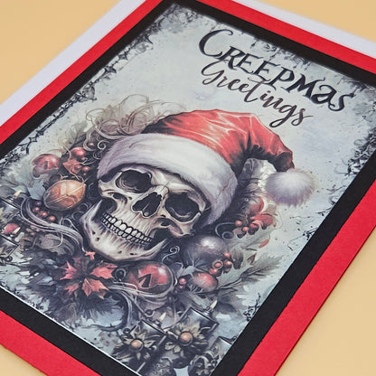 Handmade Gothic Christmas Card, Creepmas Greetings Skull Art, Dark Holiday Card, Unique Witchy Gift