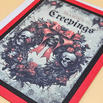 Handmade Gothic Christmas Card,  Spooky Creepings Skull Wreath Greeting Card, Dark Holiday Gift, Witchy Decor