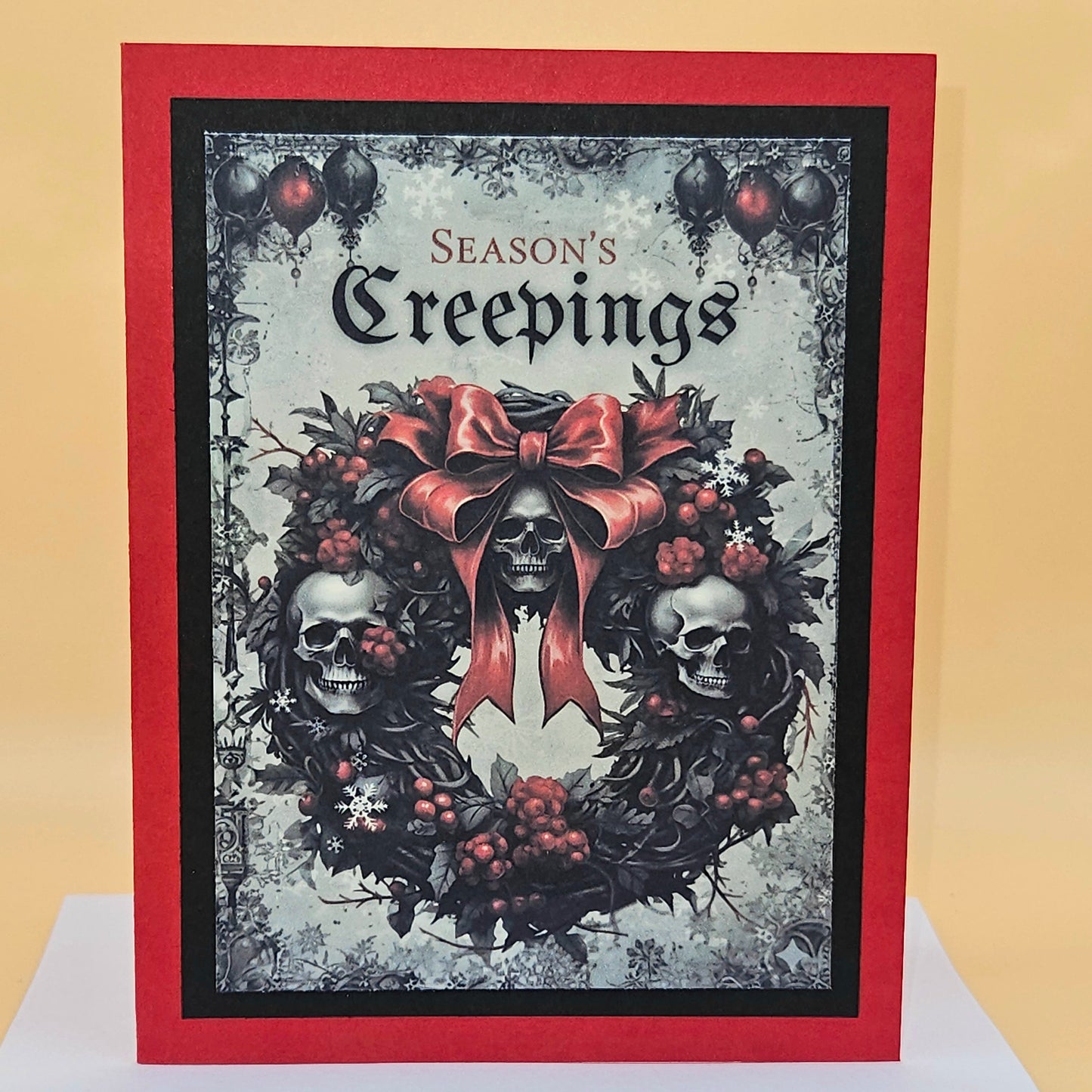 Handmade Gothic Christmas Card,  Spooky Creepings Skull Wreath Greeting Card, Dark Holiday Gift, Witchy Decor
