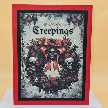 Handmade Gothic Christmas Card,  Spooky Creepings Skull Wreath Greeting Card, Dark Holiday Gift, Witchy Decor