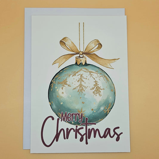 Vintage Christmas Card, Watercolor Ornament Holiday Greeting Card with Gold Glitter Accents