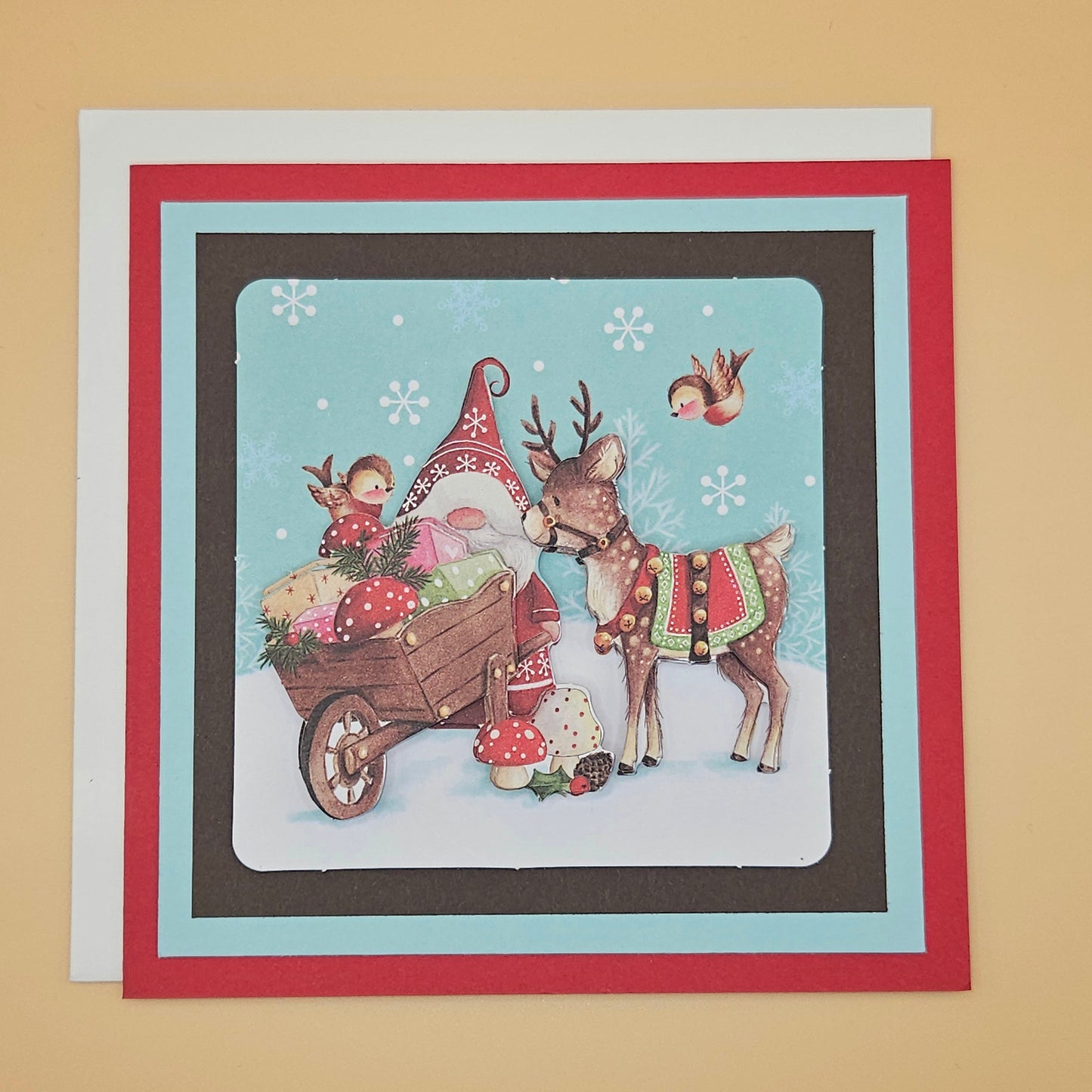 Handmade Christmas Card, Gnome Reindeer Decoupage Greeting Card, Vintage Festive Woodland Christmas Blessings Keepsake