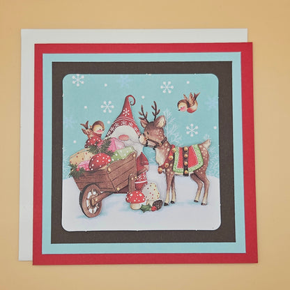 Handmade Christmas Card, Gnome Reindeer Decoupage Greeting Card, Vintage Festive Woodland Christmas Blessings Keepsake