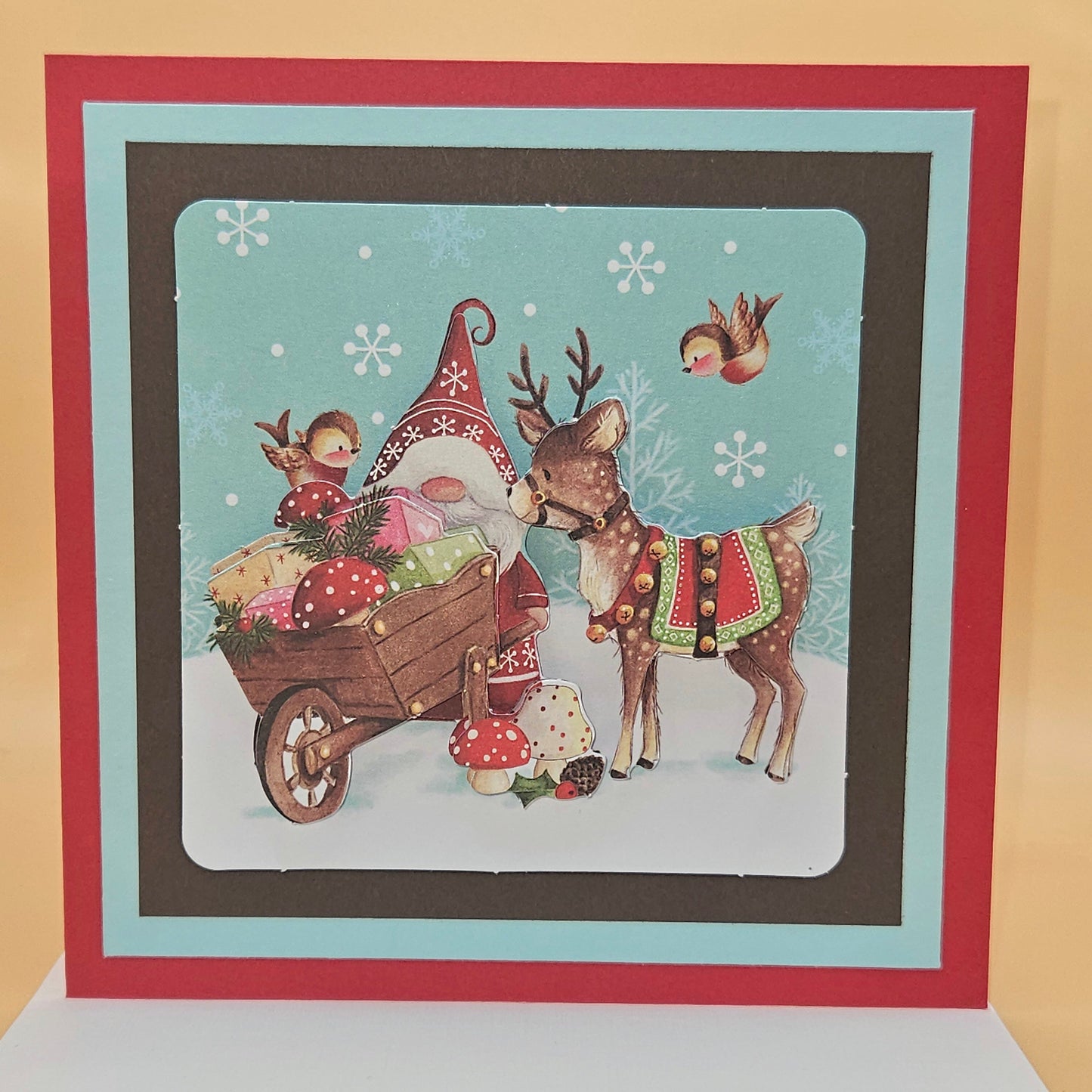 Handmade Christmas Card, Gnome Reindeer Decoupage Greeting Card, Vintage Festive Woodland Christmas Blessings Keepsake