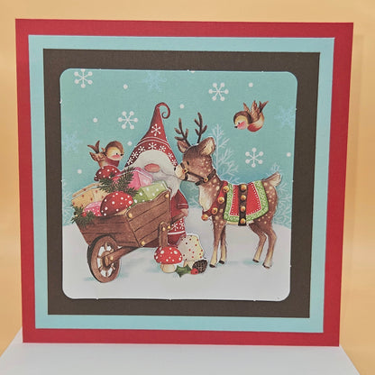 Handmade Christmas Card, Gnome Reindeer Decoupage Greeting Card, Vintage Festive Woodland Christmas Blessings Keepsake