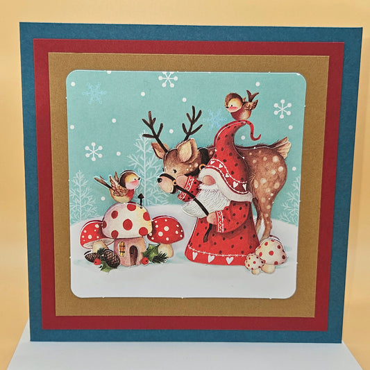 Handmade Christmas Card, Woodland Gnome Decoupage Greeting Card, Vintage Santa/Gnome Scene, Festive Forest Keepsake