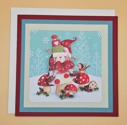 Handmade Christmas Card, Vintage Holiday Gnome Decoupage Greeting Card, Gifts & Robin Keepsake