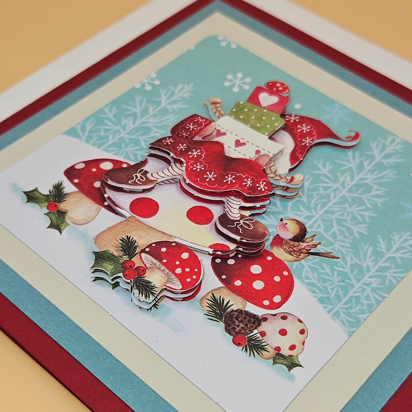 Handmade Christmas Card, Vintage Holiday Gnome Decoupage Greeting Card, Gifts & Robin Keepsake