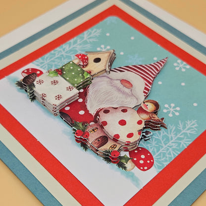 Handmade Christmas Card, Gnome Birdhouse Decoupage Greeting Card, Vintage Festive Woodland Happy Holidays Keepsake