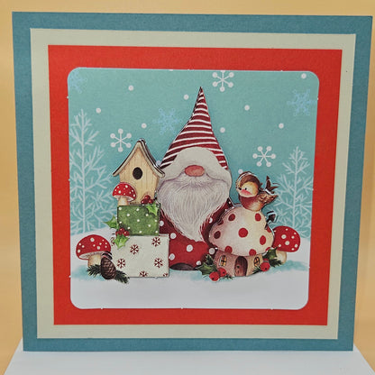 Handmade Christmas Card, Gnome Birdhouse Decoupage Greeting Card, Vintage Festive Woodland Happy Holidays Keepsake