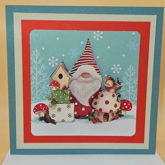 Handmade Christmas Card, Gnome Birdhouse Decoupage Greeting Card, Vintage Festive Woodland Happy Holidays Keepsake