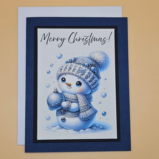 Handmade Christmas Card, Vintage Holiday Greeting Card, Festive Baby Snowman and Ornament Winter Keepsake