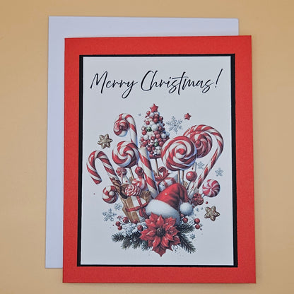 Handmade Christmas Card, Vintage Candy Cane Holiday Greeting Card, Festive Red Glitter Keepsake