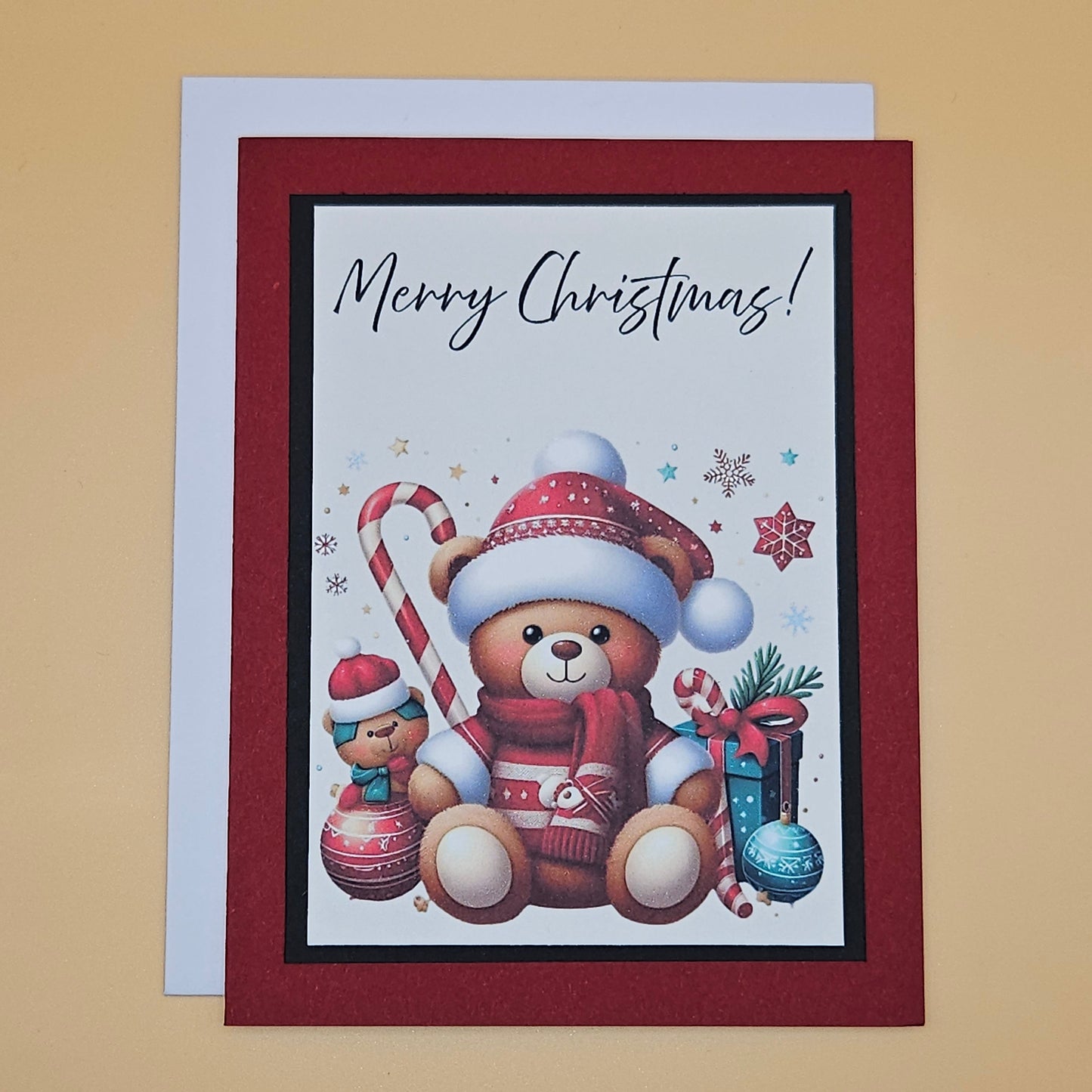 Handmade Christmas Card, Teddy Bear Candy Cane Christmas Greeting Card