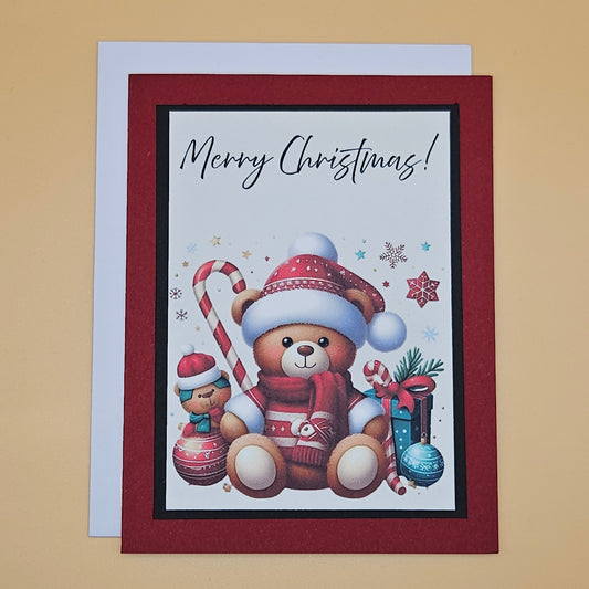 Handmade Christmas Cards Set of 4, Vintage Holiday Greeting Card Bundle, Teddy Bear Snowman, Candy Cane, Carolers