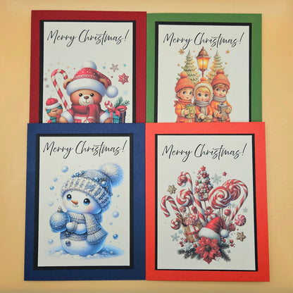 Handmade Christmas Cards Set of 4, Vintage Holiday Greeting Card Bundle, Teddy Bear Snowman, Candy Cane, Carolers
