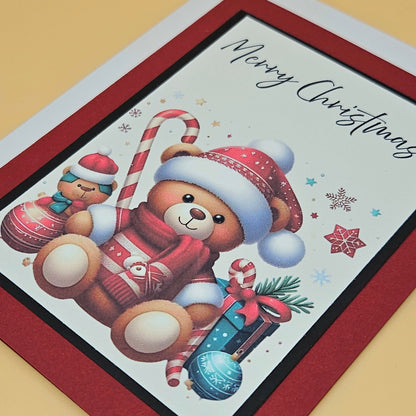 Handmade Christmas Card, Teddy Bear Candy Cane Christmas Greeting Card