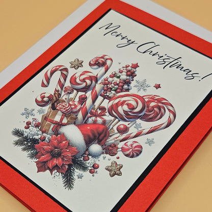 Handmade Christmas Card, Vintage Candy Cane Holiday Greeting Card, Festive Red Glitter Keepsake