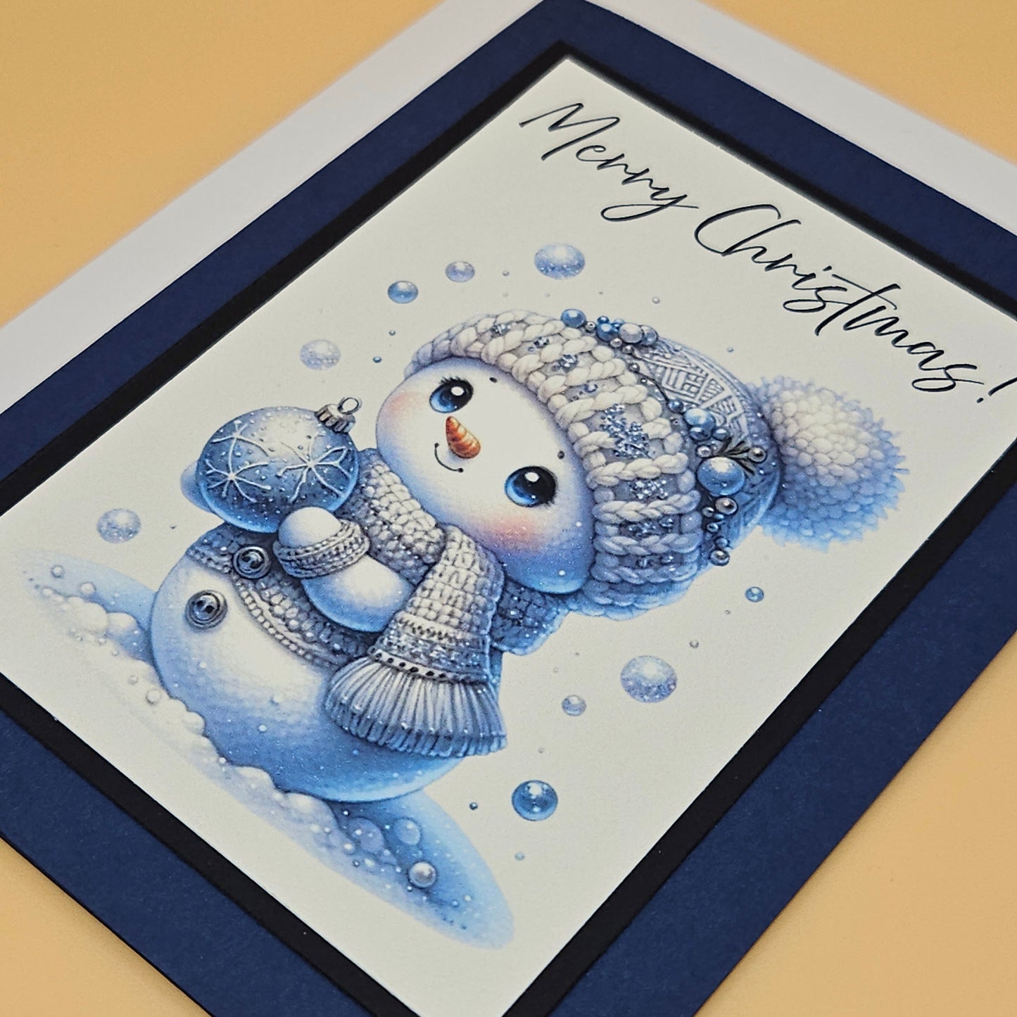 Handmade Christmas Card, Vintage Holiday Greeting Card, Festive Baby Snowman and Ornament Winter Keepsake