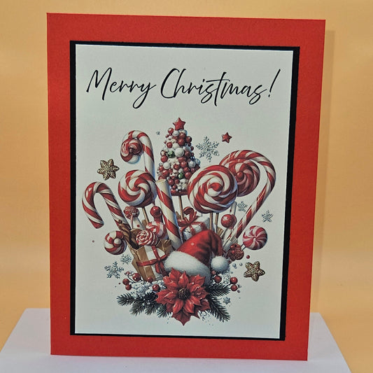 Handmade Christmas Card, Vintage Candy Cane Holiday Greeting Card, Festive Red Glitter Keepsake