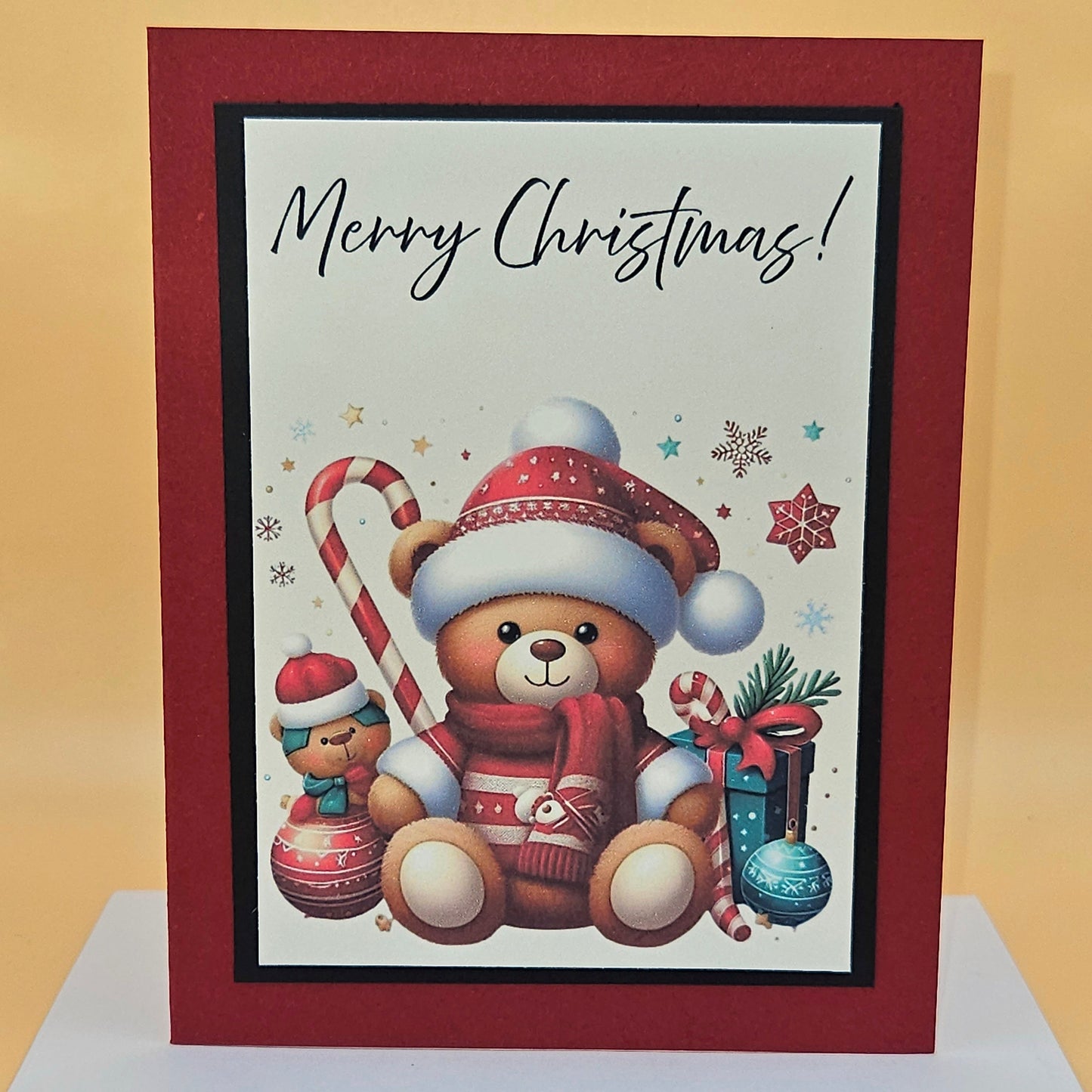 Handmade Christmas Card, Teddy Bear Candy Cane Christmas Greeting Card