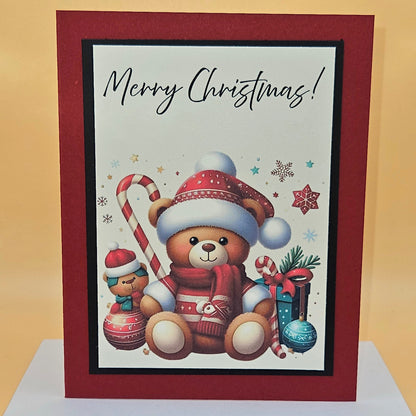 Handmade Christmas Card, Teddy Bear Candy Cane Christmas Greeting Card