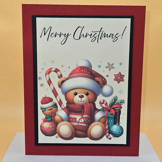 Handmade Christmas Card, Teddy Bear Candy Cane Christmas Greeting Card