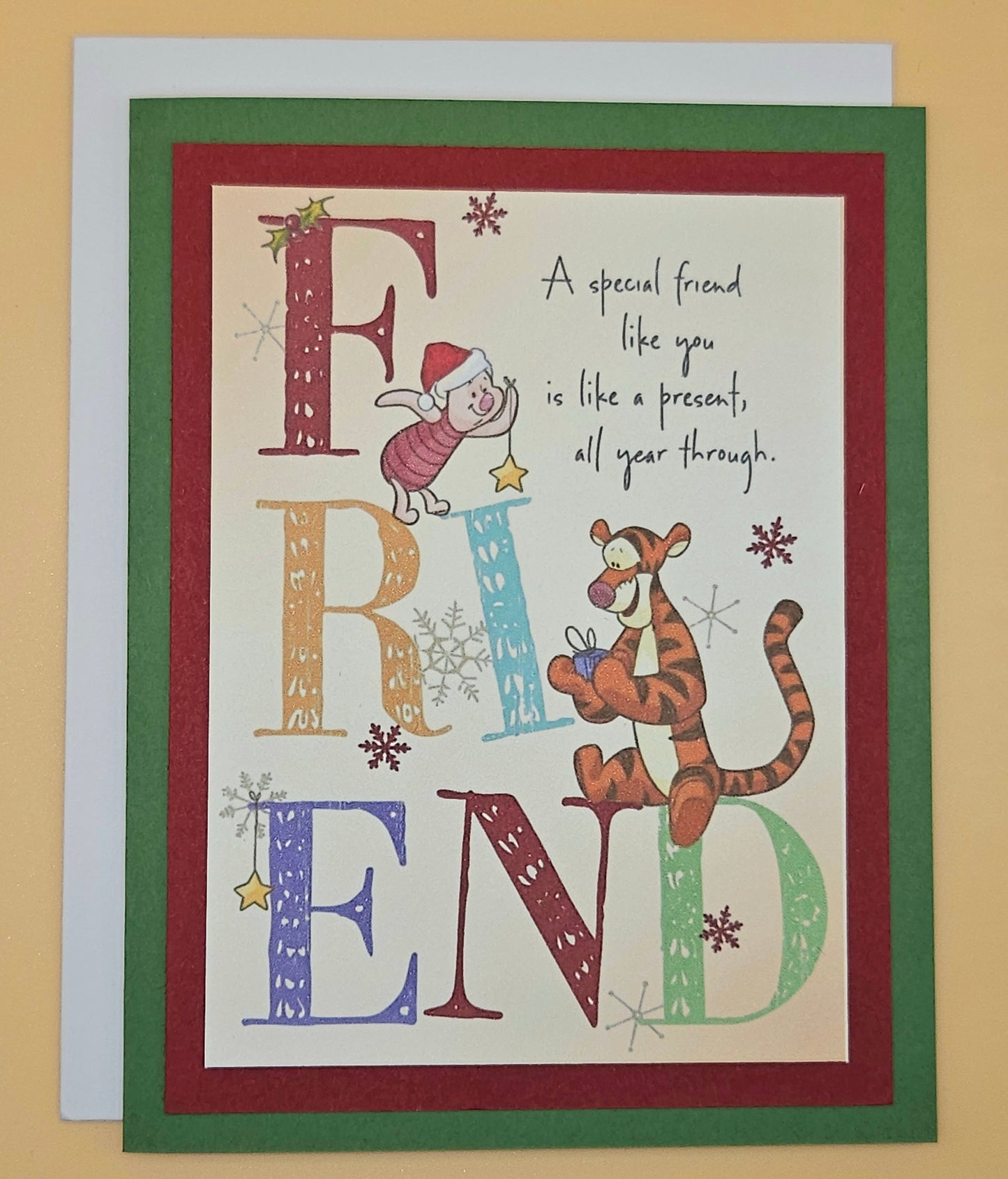 Handmade Winnie the Pooh Christmas Card, Friendship Holiday Greeting Card,Tigger and Piglet Seasonal Nostalgic Keepsake